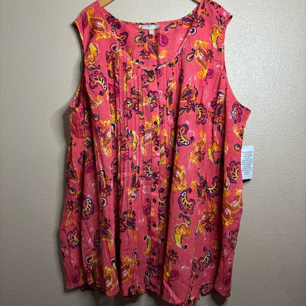 Woman Within Coral Pink Paisley Pleated Tank size 5X Cotton Lightweight - Picture 2 of 9